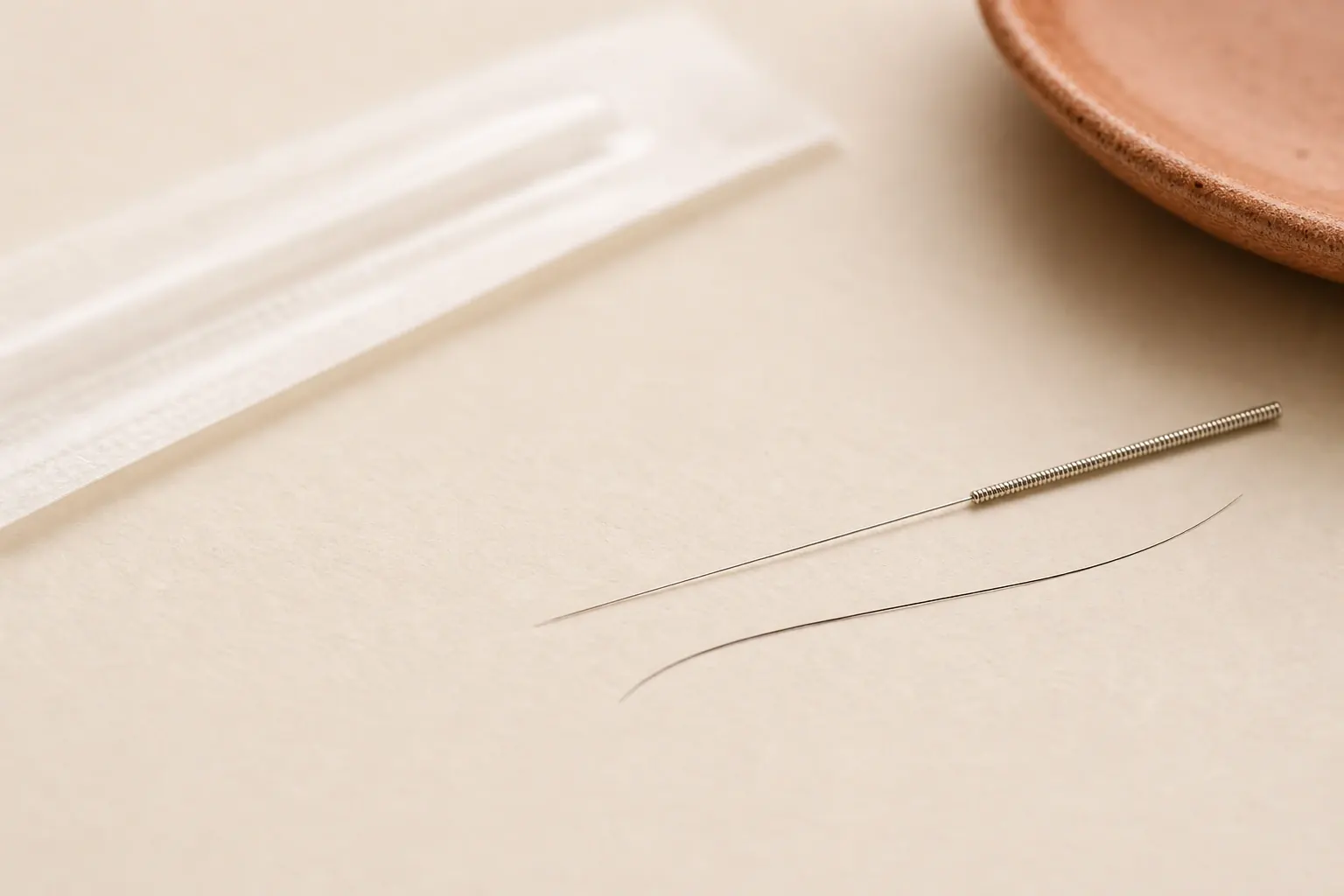Photo: acupuncture needle beside a hypodermic needle